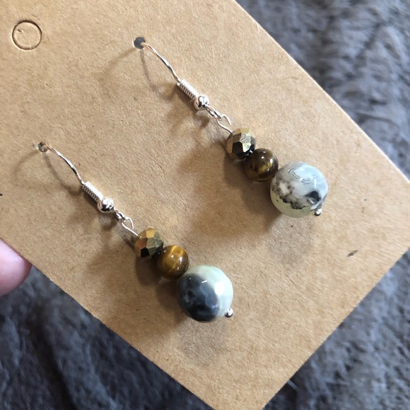 Handcrafted genuine stone orca agate tigers eye dangle earrings - Picture 1 of 6